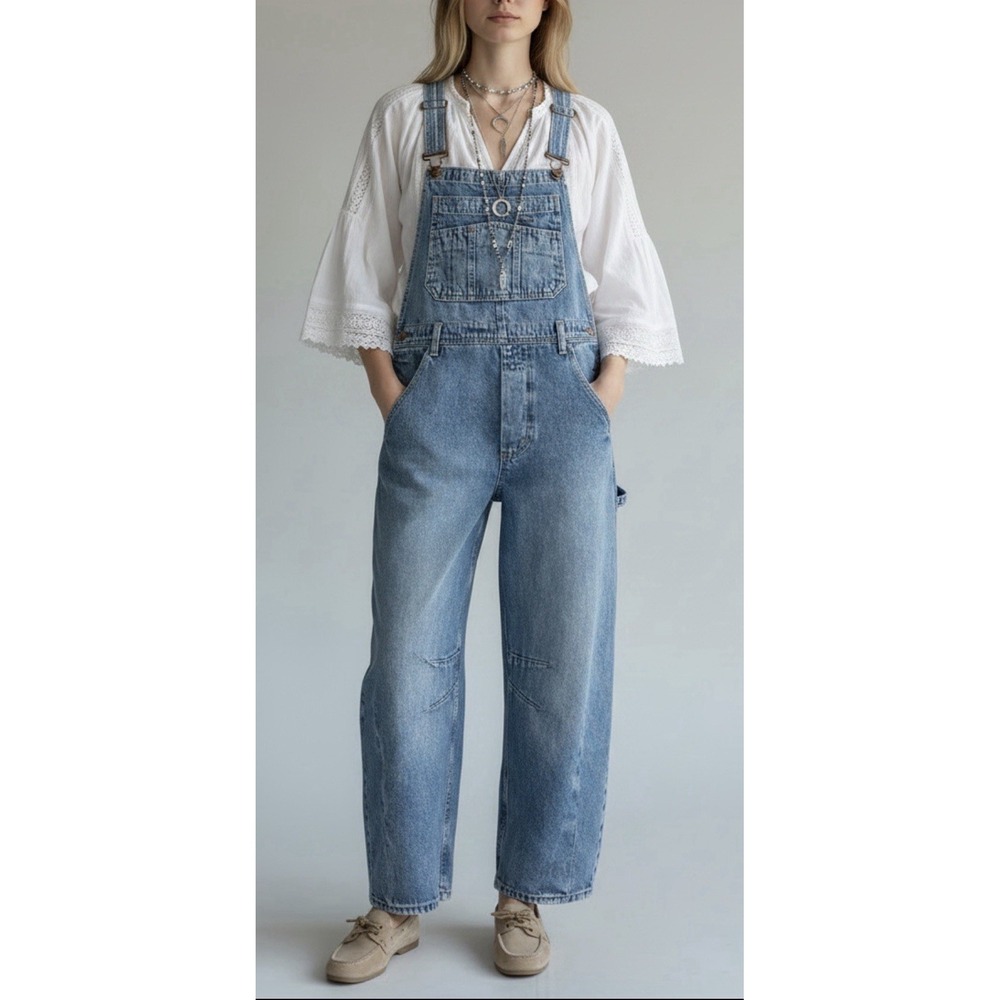 Gap UltraSoft Denim Horseshoe Barrel Leg Overalls XXS Blue Boho Utility Distress